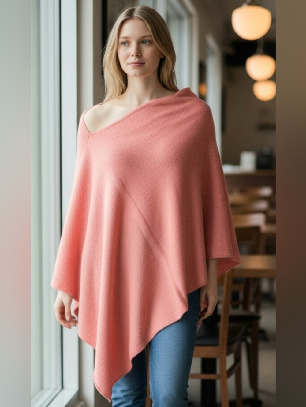InCashmere Coral Pink Asymmetrical Sweater Poncho